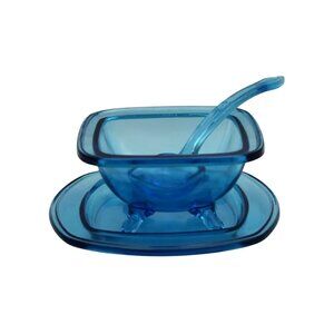 Vintage Blue Glass Condiment Set Square Footed Bowl Underplate Ladle  3 piece